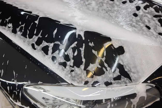 Shampoo premium aplicado en la carrocería de un coche para limpieza profunda.