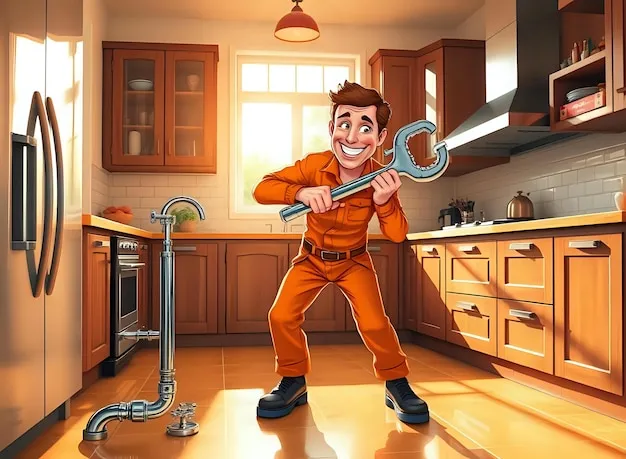 Professional plumber fixing pipes under a kitchen sink in a residential home.
