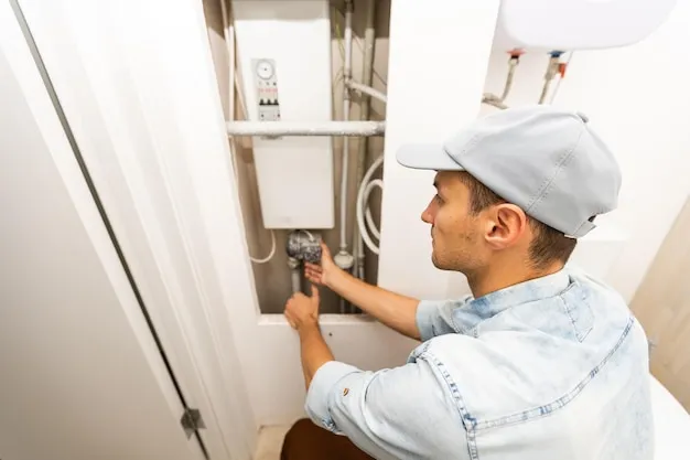 Plumber connecting pipes to a newly installed water heater unit.