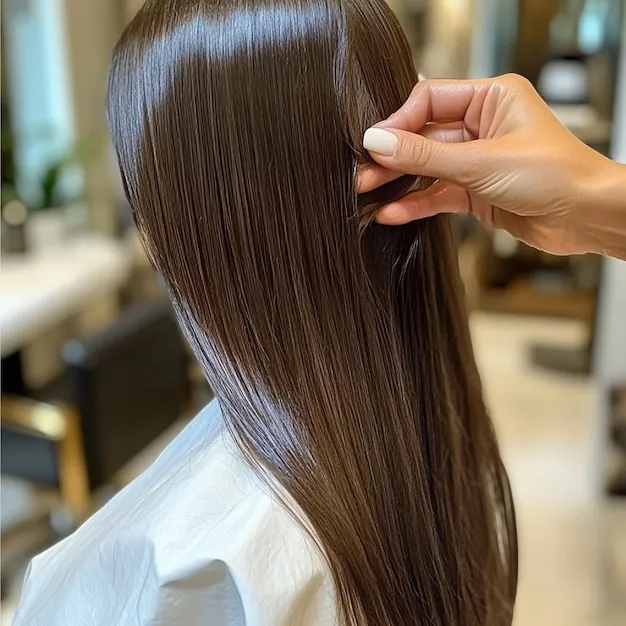 Cliente recibiendo tratamiento de keratina para alisar cabello.