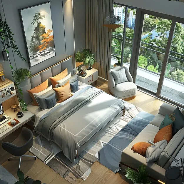 Spacious one-bedroom suite with living area, kitchen, and bedroom setup.