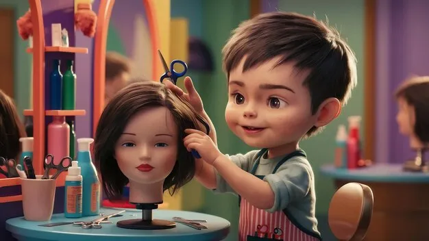 Young child smiling in salon chair during haircut by friendly stylist.