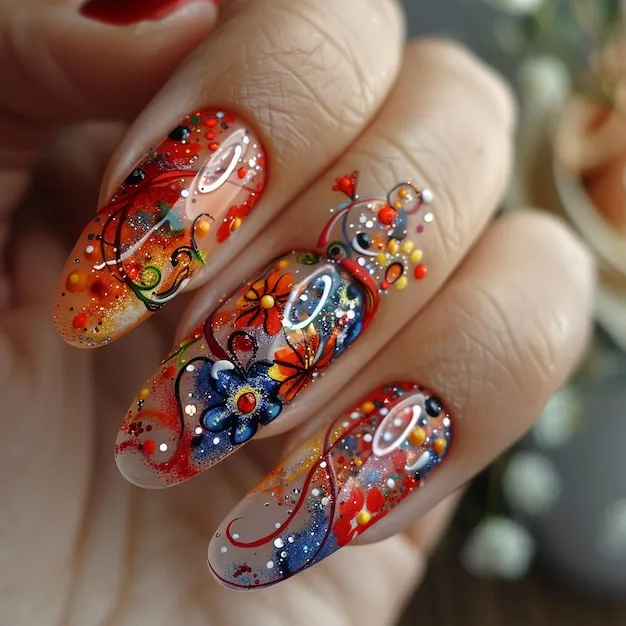 Vibrant, artistic nail designs showcased on hands.