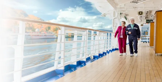 Travelers in comfortable attire walking through the port area.