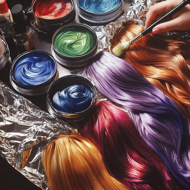 Stylist applying vibrant hair color to a client's roots and lengths.