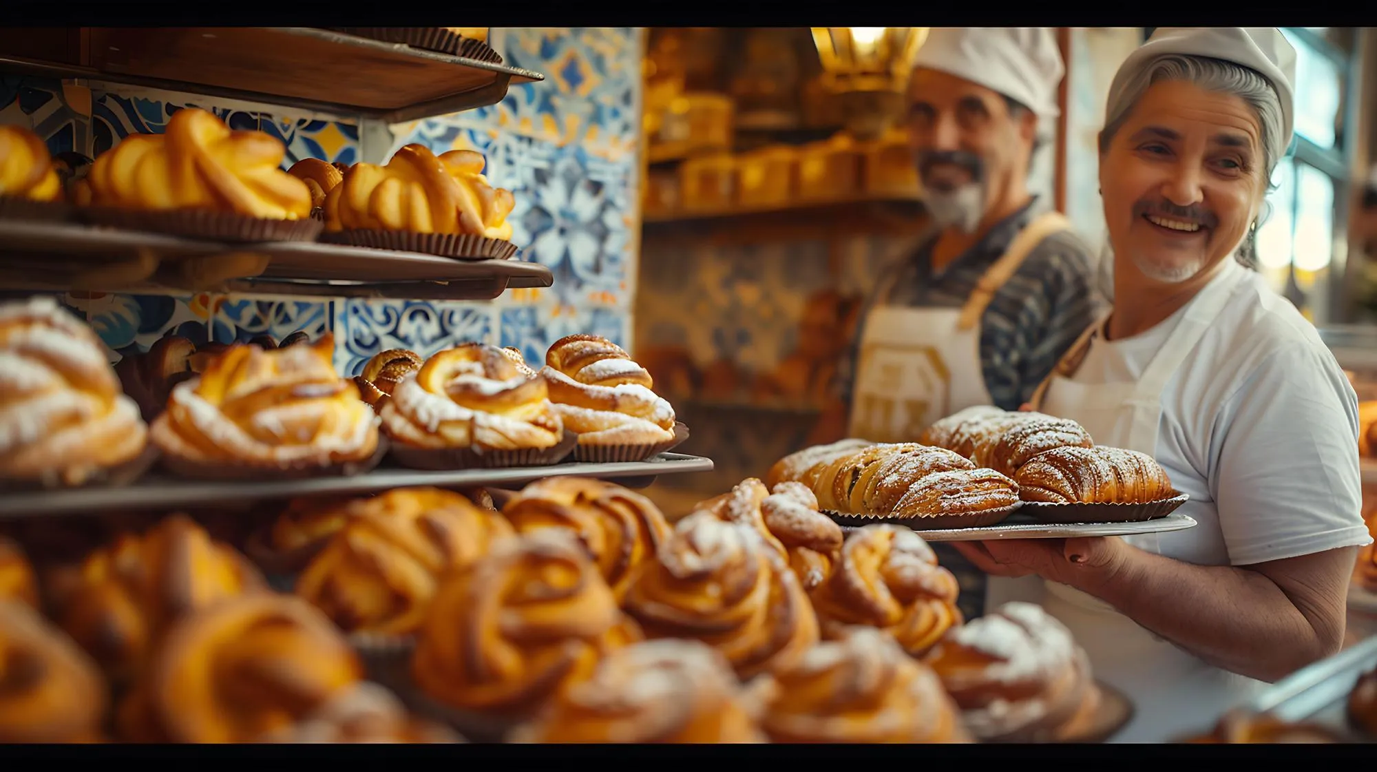 Interior acogedor de panadería con productos recién horneados y mostrador lleno de panes y dulces.