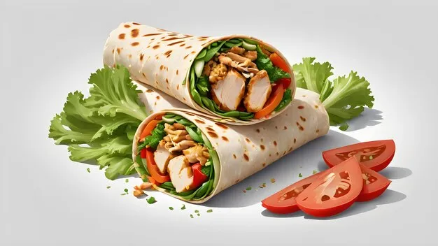 Freshly sliced chicken shawarma in a wrap with toppings.