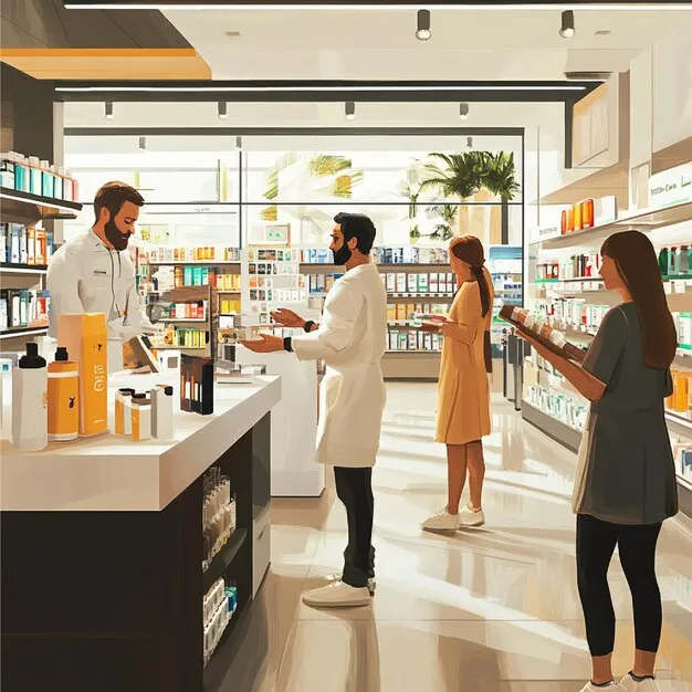 Interior acogedor de Farmacia Palau con farmacéuticos atendiendo a clientes en Benaguasil, Valencia.