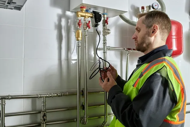 Plumber adjusting backflow prevention valve in an outdoor commercial setup.