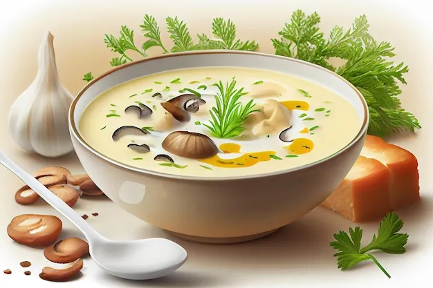 Bowl of sopa de caracol with seafood and vegetables.