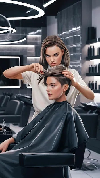 Estilista tijereando cabello largo de clienta sentada frente a espejo en salón de belleza.