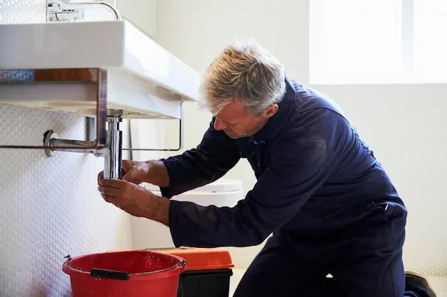 Plumber performing drain cleaning on a bathroom sink.