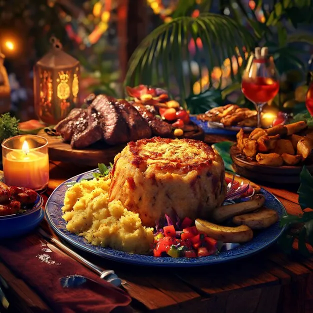 Vibrant display of pupusas, steaks, and traditional garnachas ready to enjoy in a lively restaurant setting.