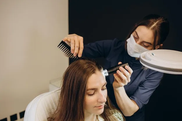 Clienta con cabello envuelto en toalla recibiendo masaje capilar en salón.