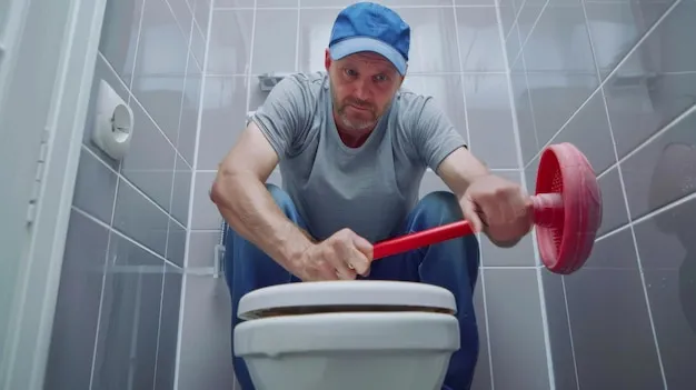 Professional addressing toilet clog with tools.