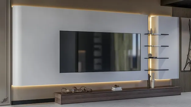 Soporte fijo robusto para TV grande montado en pared.