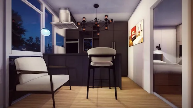 Cozy studio suite interior with full kitchenette, comfortable bed, and workspace.