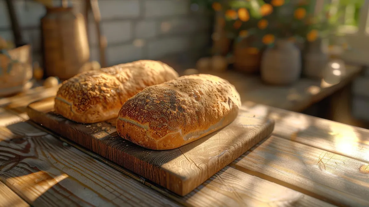 Baguette de pan de pago dorado y crujiente.