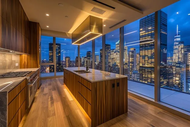 Modern extended stay hotel suite featuring kitchenette, living space, and bedroom in a bright, welcoming Miami hotel room.