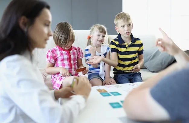 Niños en grupo desarrollando habilidades sociales en terapia.