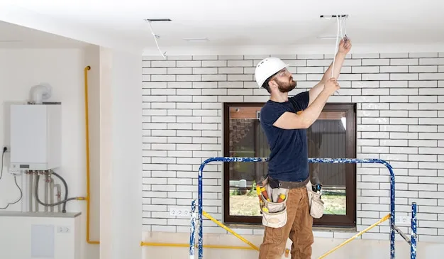 Electrician connecting wires and installing sockets in apartment wall.