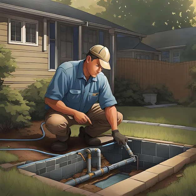 Plumber setting up a sump pump system in a residential basement.
