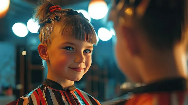 Happy child receiving a neat haircut from a stylist in a bright, welcoming salon chair.