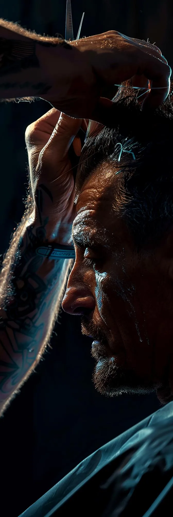 Barber applying fade technique on client's short hair.