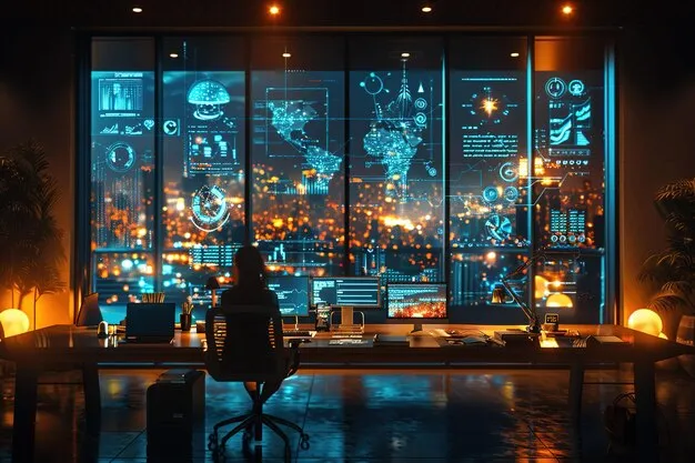 Dynamic view of a high-tech AI marketing agency office featuring holographic displays and marketing analytics screens.