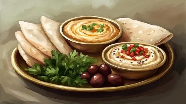 Bowl of creamy hummus with pita bread wedges and garnishes.