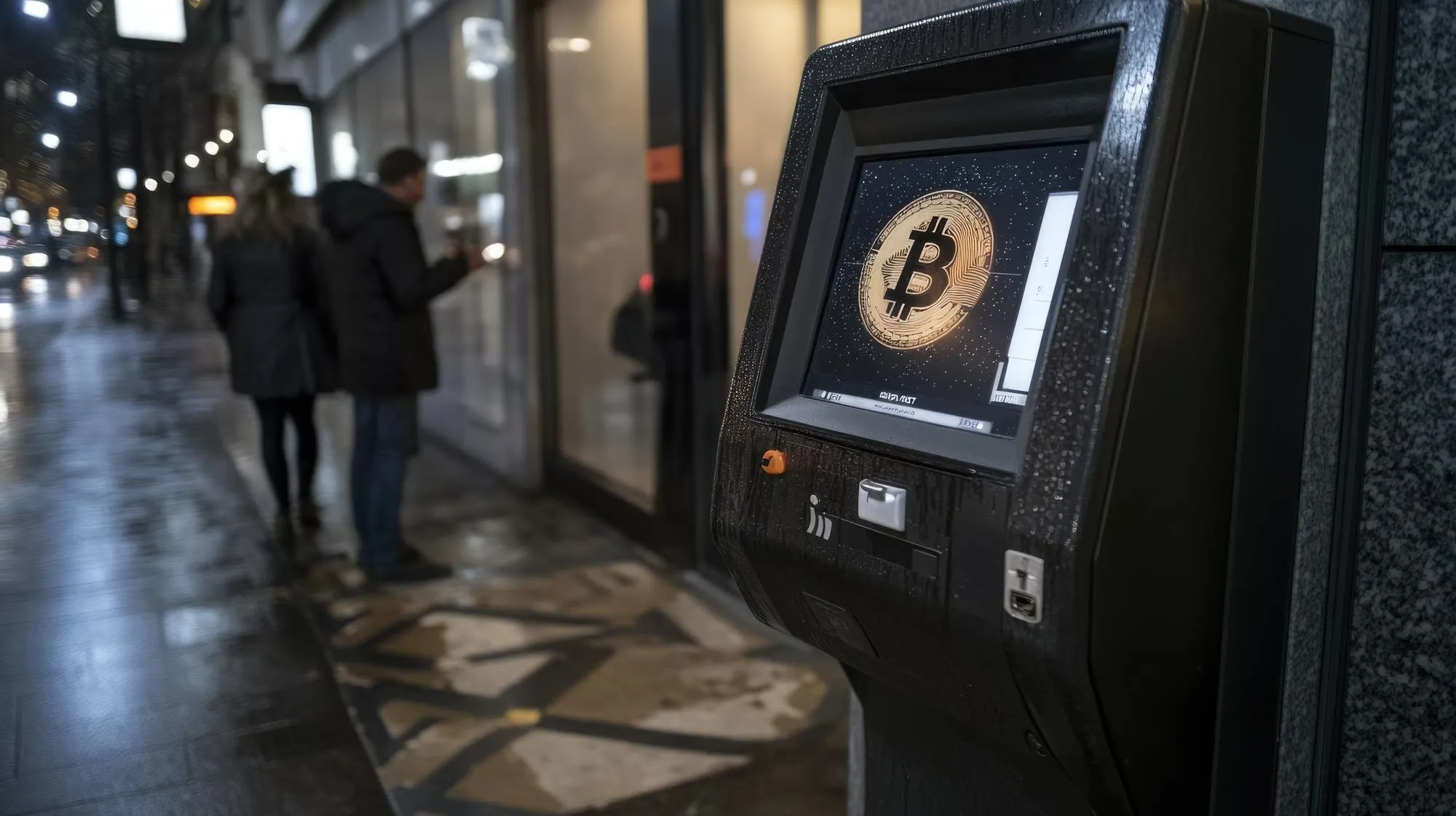 Cajero automático de Bitcoin iluminado en interior seguro con doble puerta y ambiente limpio.