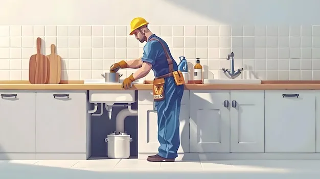 Plumber in work uniform repairing water pipes beneath a kitchen sink with tools nearby.