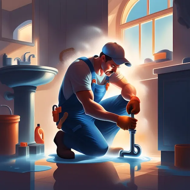 Professional plumber using tools to fix leaking pipes under a kitchen sink in a bright home setting.