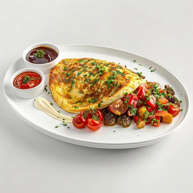 Steaming omelet filled with fresh ingredients served on a white plate.