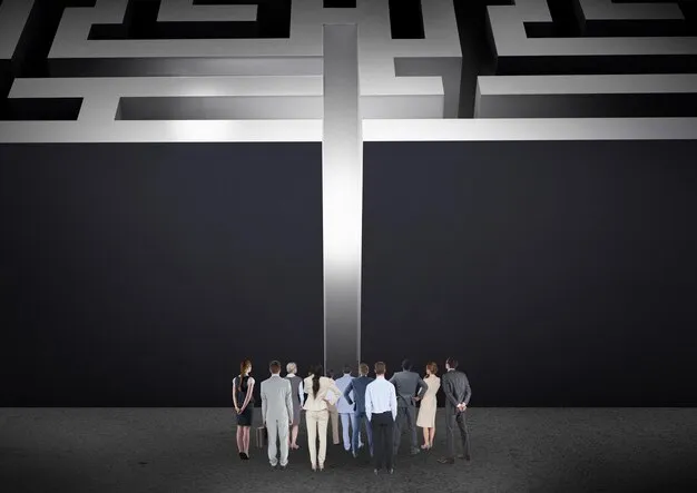 Person lost in a maze of mirrors with endless self-reflections.