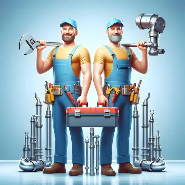 Handyman plumber holding wrench and toolbox in work gear.