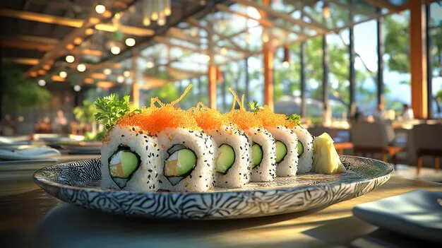 Vibrant display of fresh sushi rolls, nigiri, and sake on a table in a stylish restaurant.