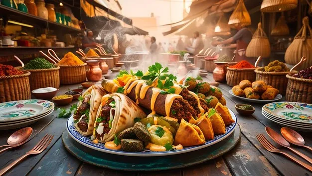 Vibrant display of halal shawarma, hummus, and grilled meats on platters in a lively restaurant setting.