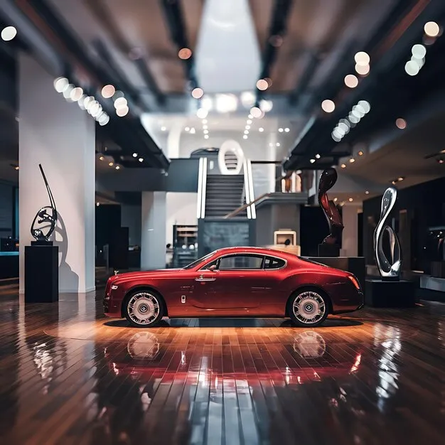 Mostrador de productos premium de limpieza y detailing para coches en un showroom elegante con vehículos relucientes.