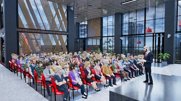 Spacious convention center interior with researchers attending an academic conference, including stage presentations and seating areas.