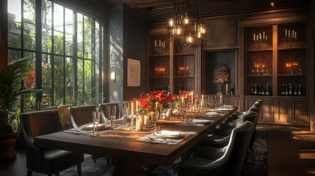 Elegant dining room at Condimental with beautifully set tables, crystal glassware, and warm ambient lighting.