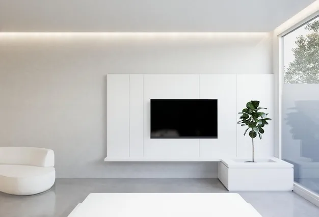 Soporte minimalista para TV en pared moderna con televisor encendido en sala contemporánea.