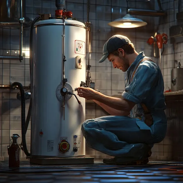 Plumber connecting a new water heater unit in a home garage.