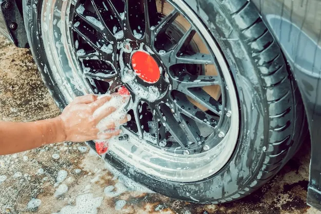 Sparkling clean car wheels and tires after detailing.
