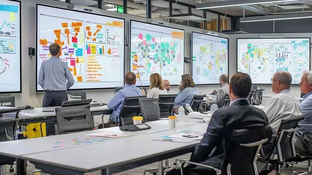 Equipped collaboration room showing researchers working together at interactive displays.