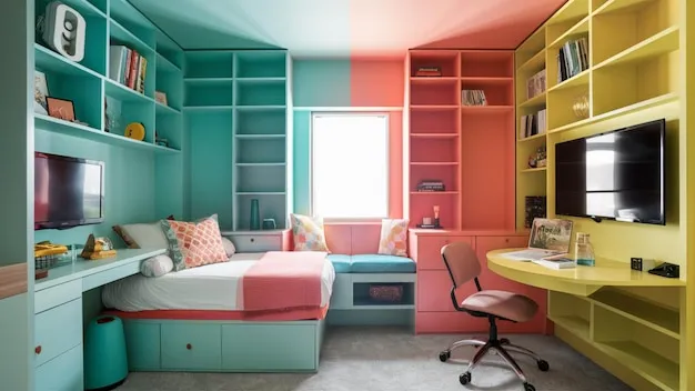 Dormitorio juvenil con cama elevada y estanterías integradas.