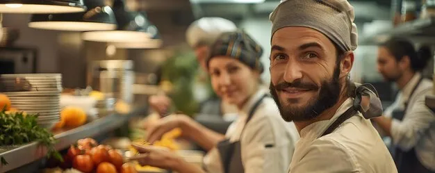 Friendly team members grilling kebabs and plating dishes in the open kitchen of HALAL HEAT restaurant.