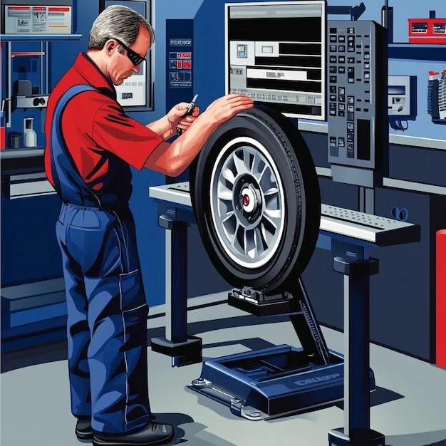Technician rotating tires on a car jack in repair bay.