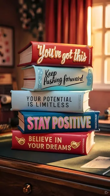 Self-help books with uplifting messages and symbolic imagery.
