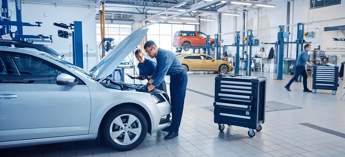 Equipo de mecánicos profesionales trabajando en motor de auto en taller automotriz de Tampa